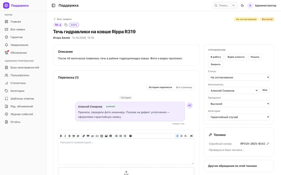 Техподдержка — карточка тикета у оператора